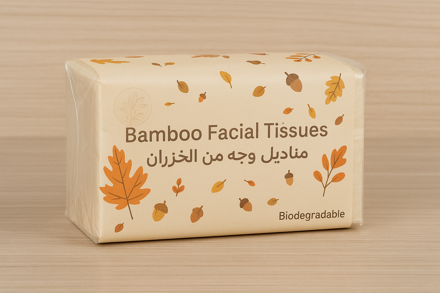 Biodegradable bamboo facial tissue pack with autumn leaf design