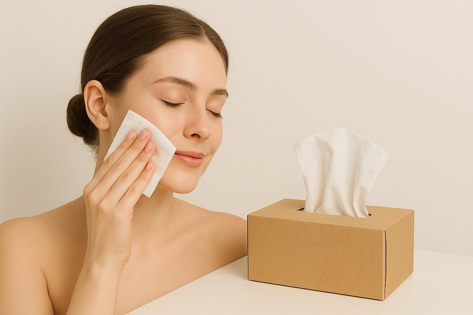 Woman cleansing face with soft tissue from eco-friendly box