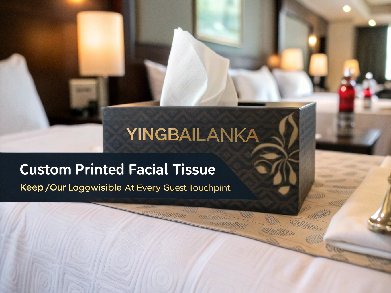 Custom-printed facial tissue box on hotel bed