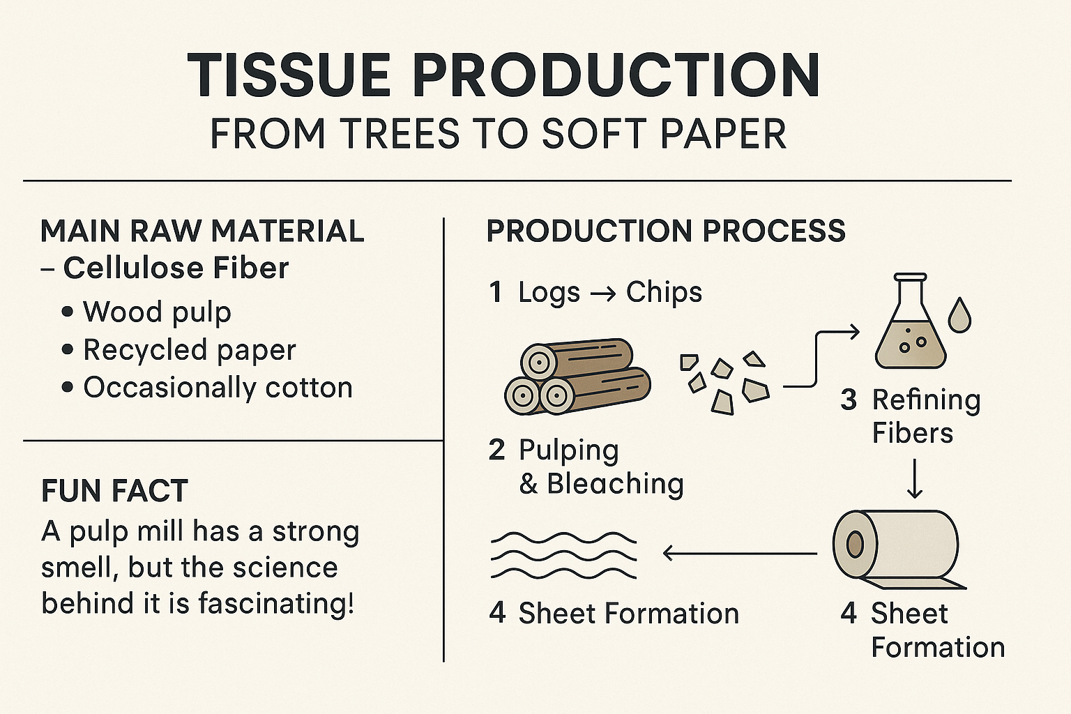 Tissue production process from raw materials to soft paper