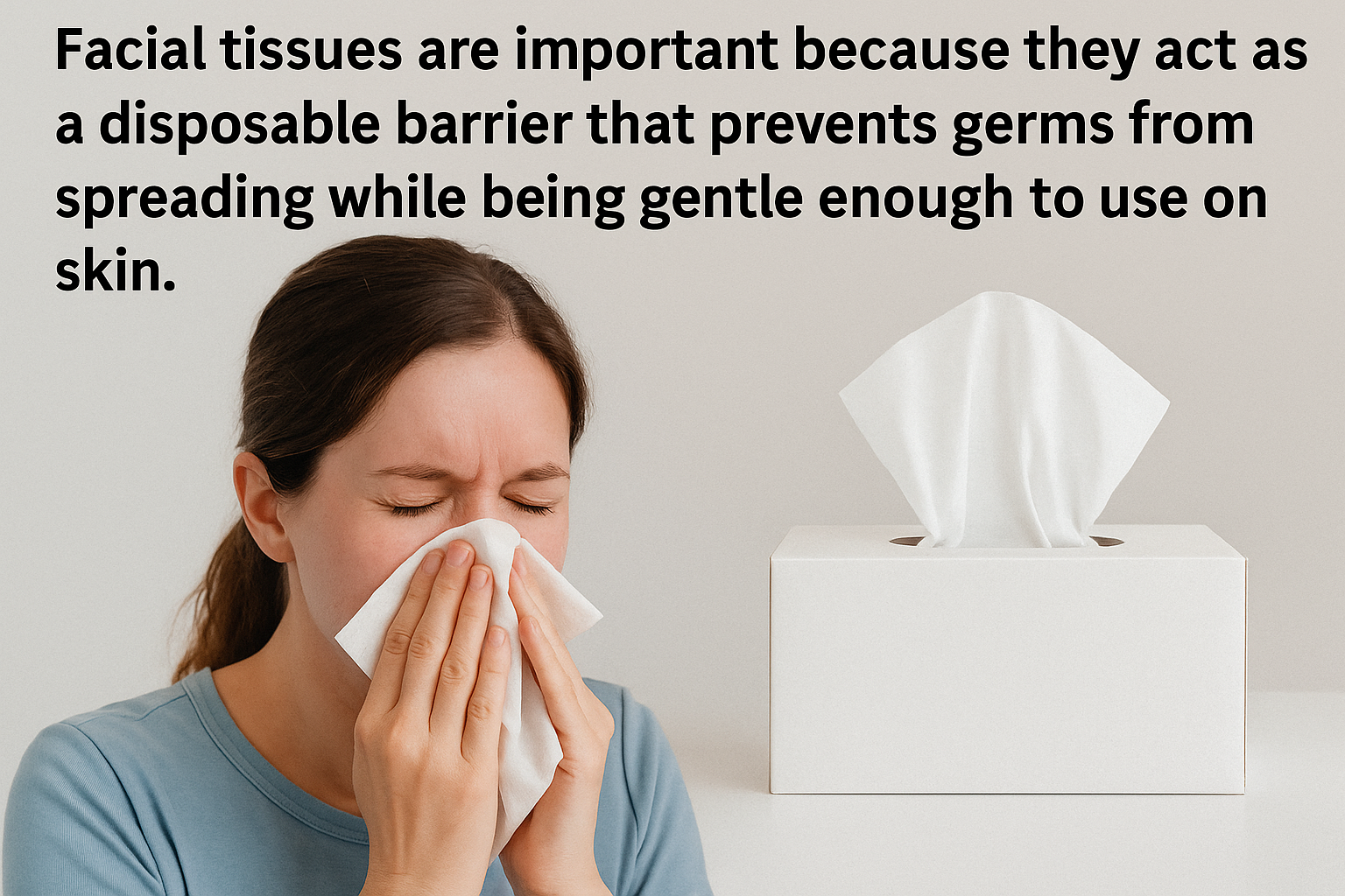 Woman using facial tissue to prevent germ spread