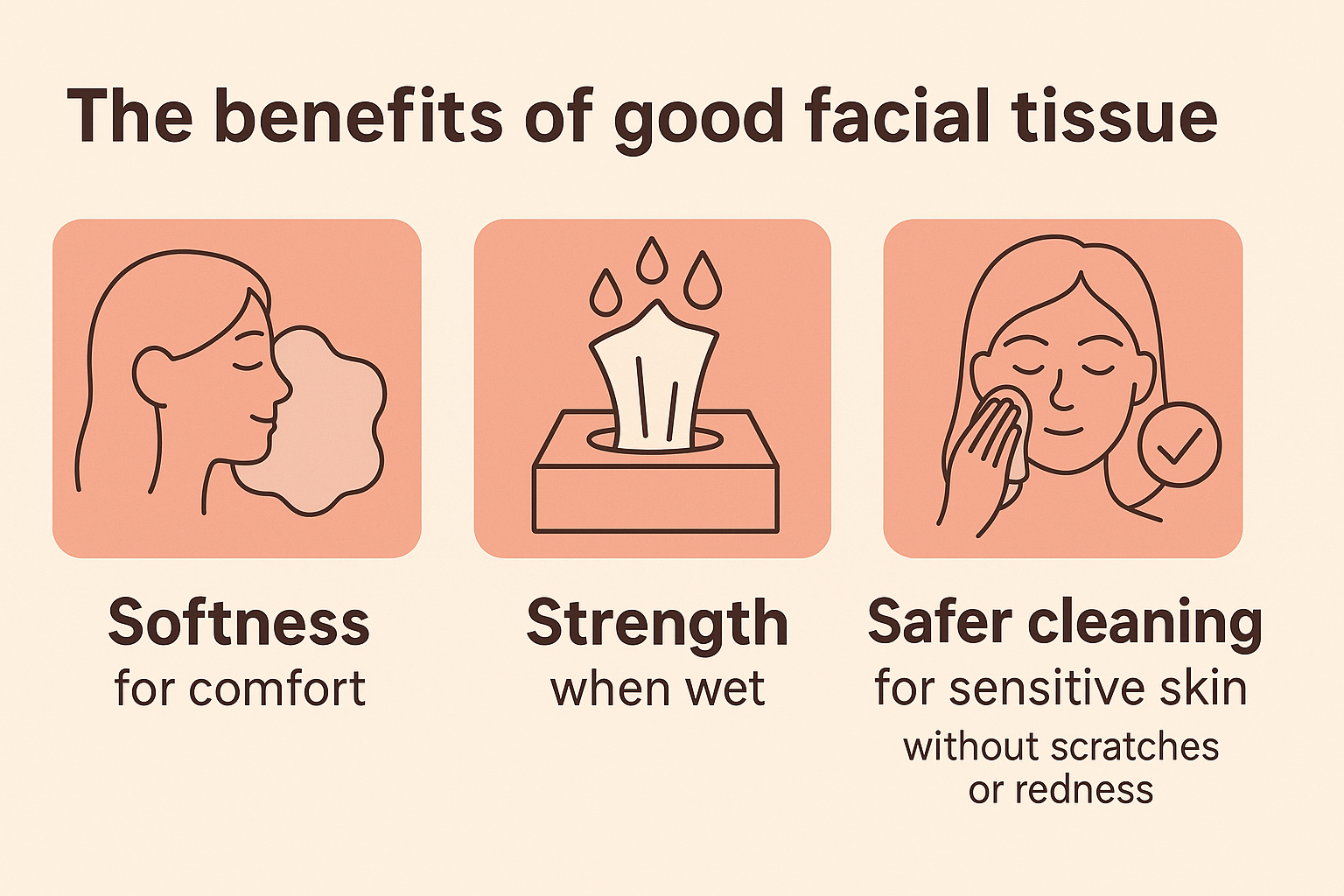 Infographic showing benefits of good facial tissue: softness, strength, safer cleaning