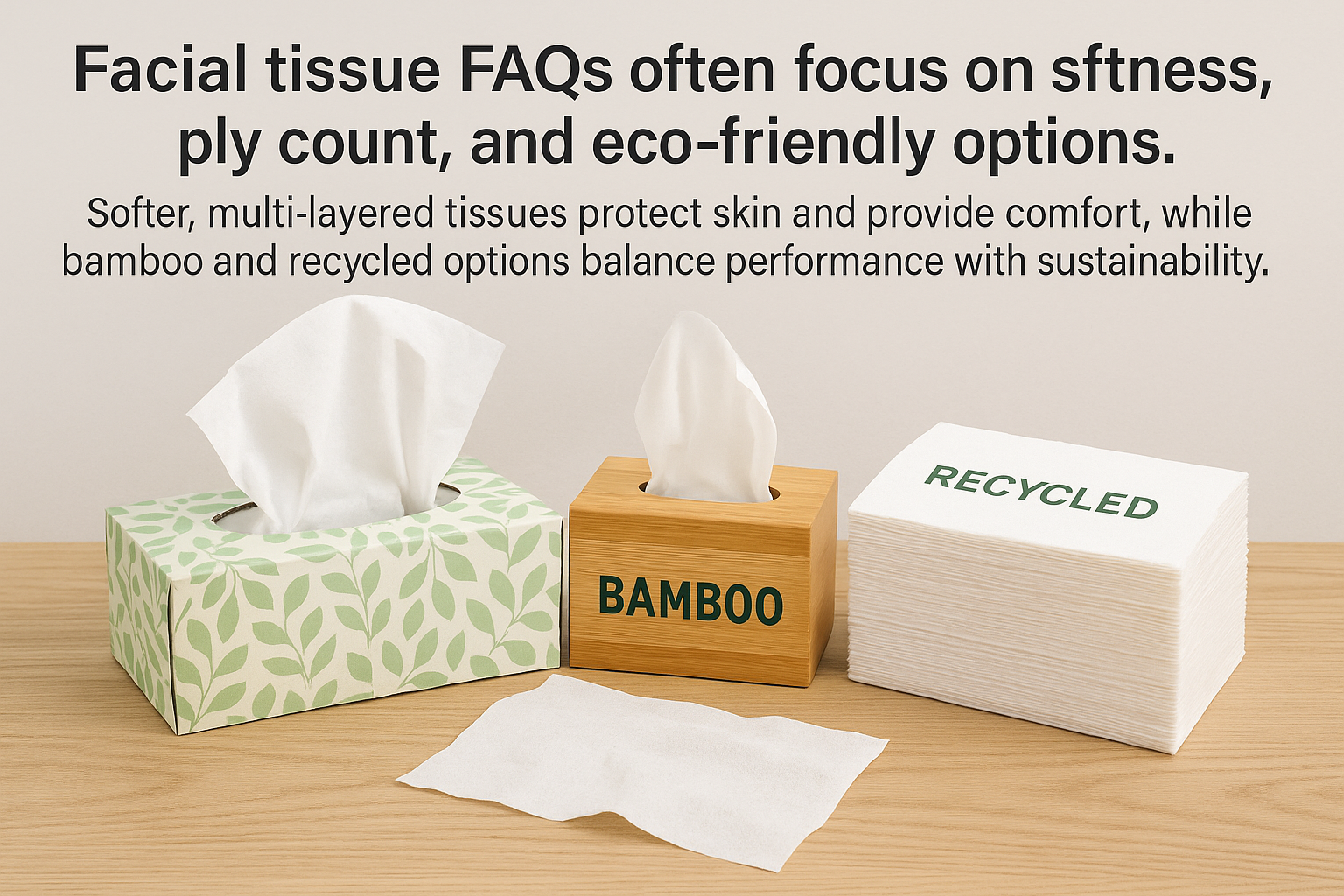 Different facial tissue types: bamboo, recycled, and standard box