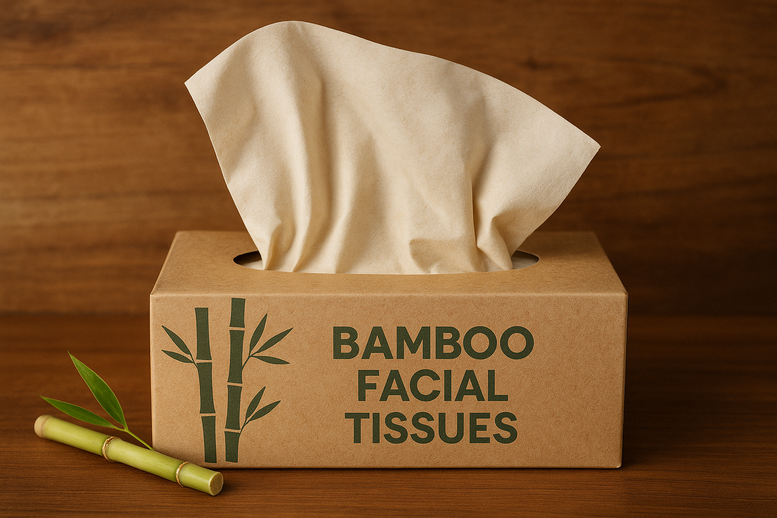 Box of eco-friendly bamboo facial tissues with bamboo stalk