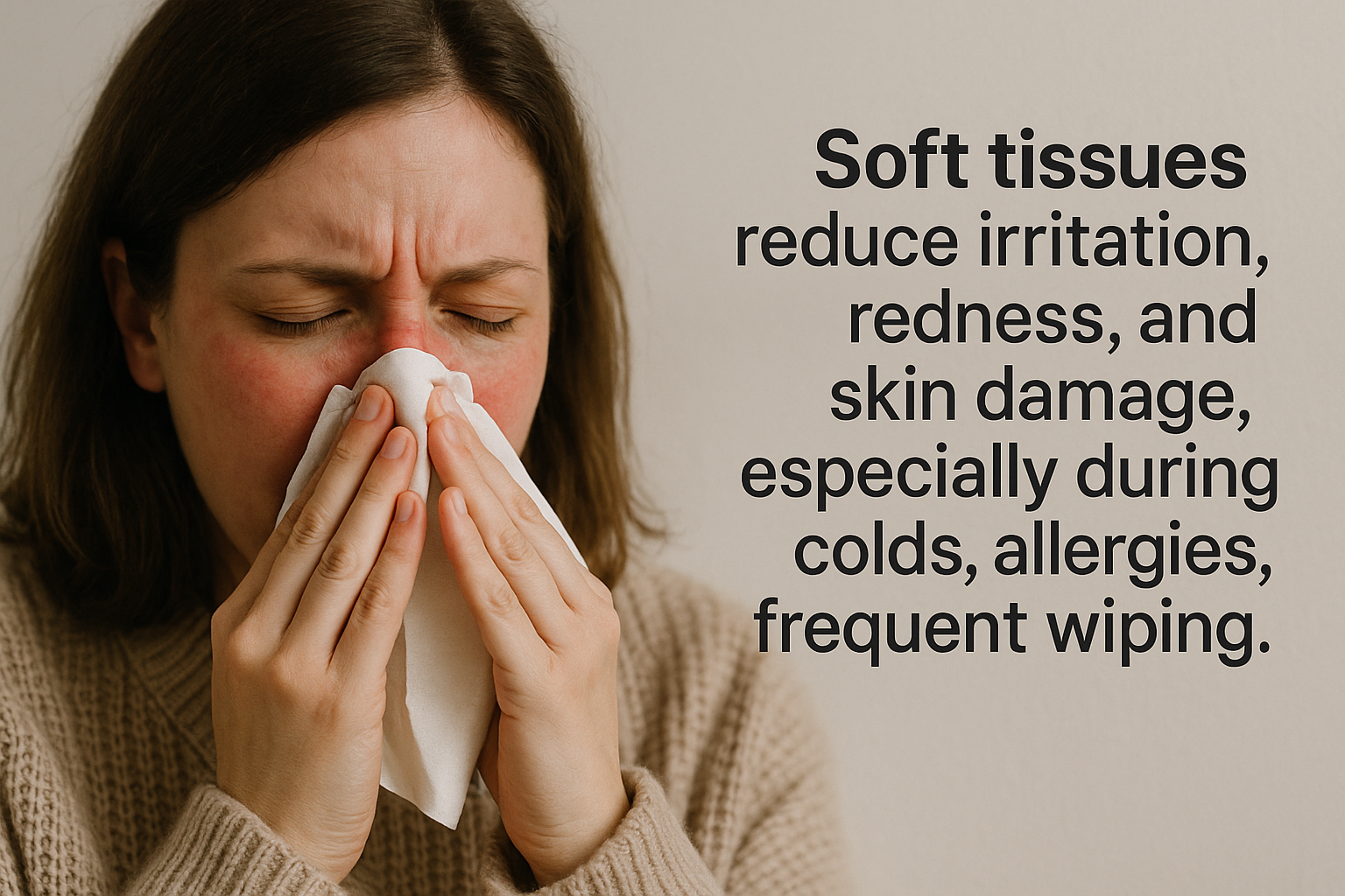 Woman using soft tissue to reduce irritation and redness