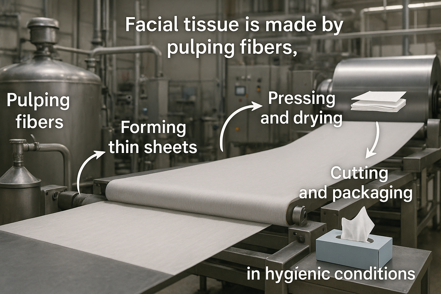 How Facial Tissues Are Made Facial tissue production process: pulping, sheet forming, pressing, drying, and packaging