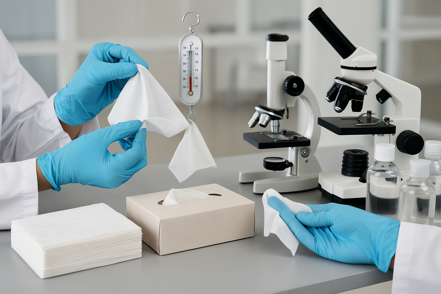 Facial Tissue Quality Testing Scientists testing facial tissues in a lab for quality, softness, and hygiene