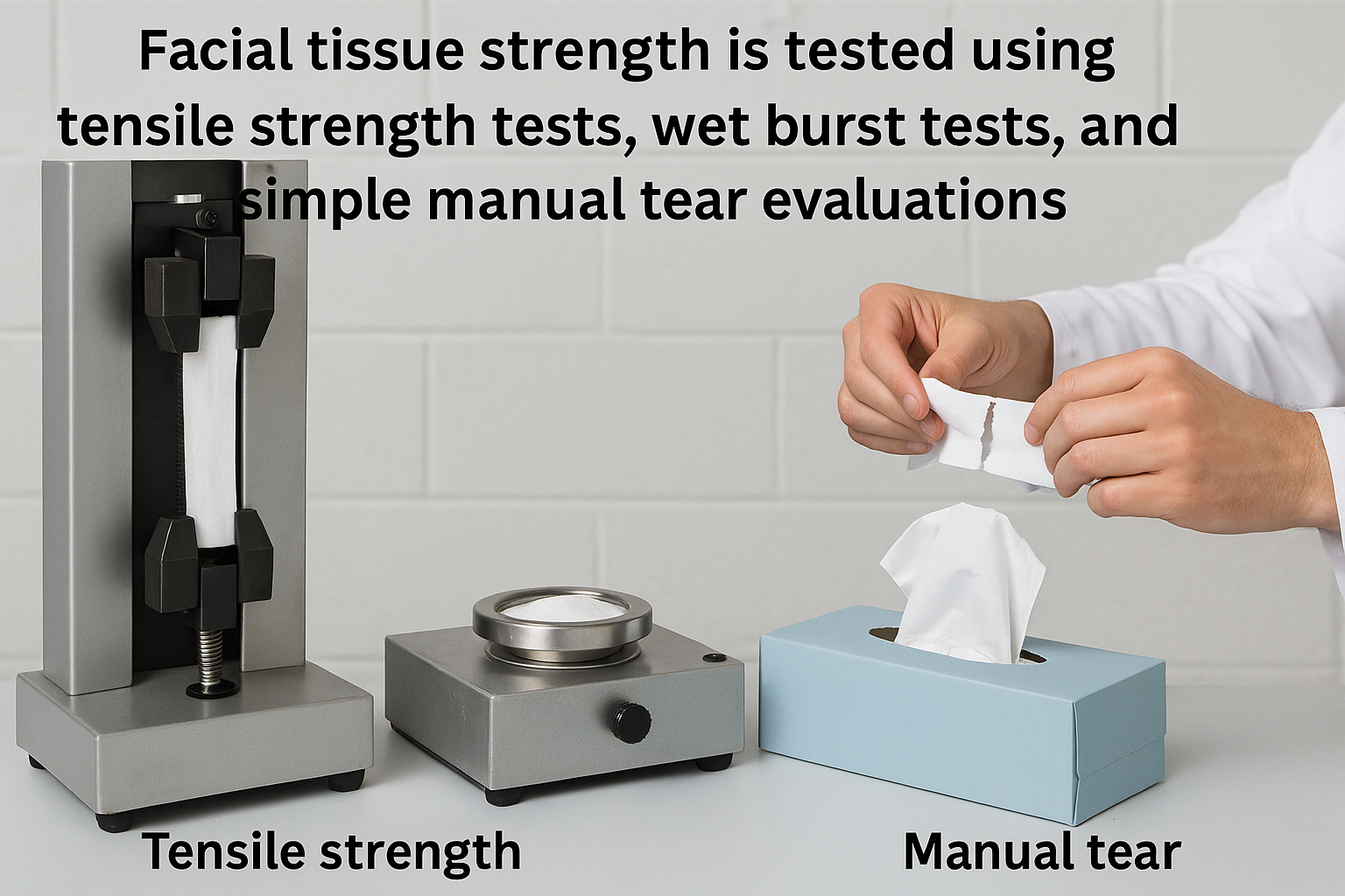 Facial Tissue Strength Testing Machines and manual testing of facial tissue strength including tensile and tear tests