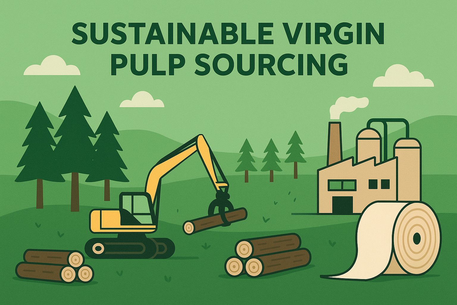 Illustration of sustainable virgin pulp sourcing with trees, logging, and paper factory