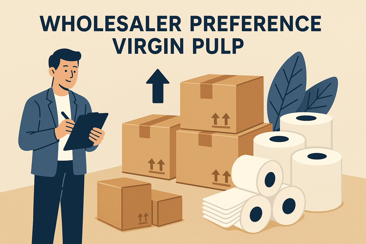 Illustration of wholesaler preferring virgin pulp tissue products with boxes and rolls