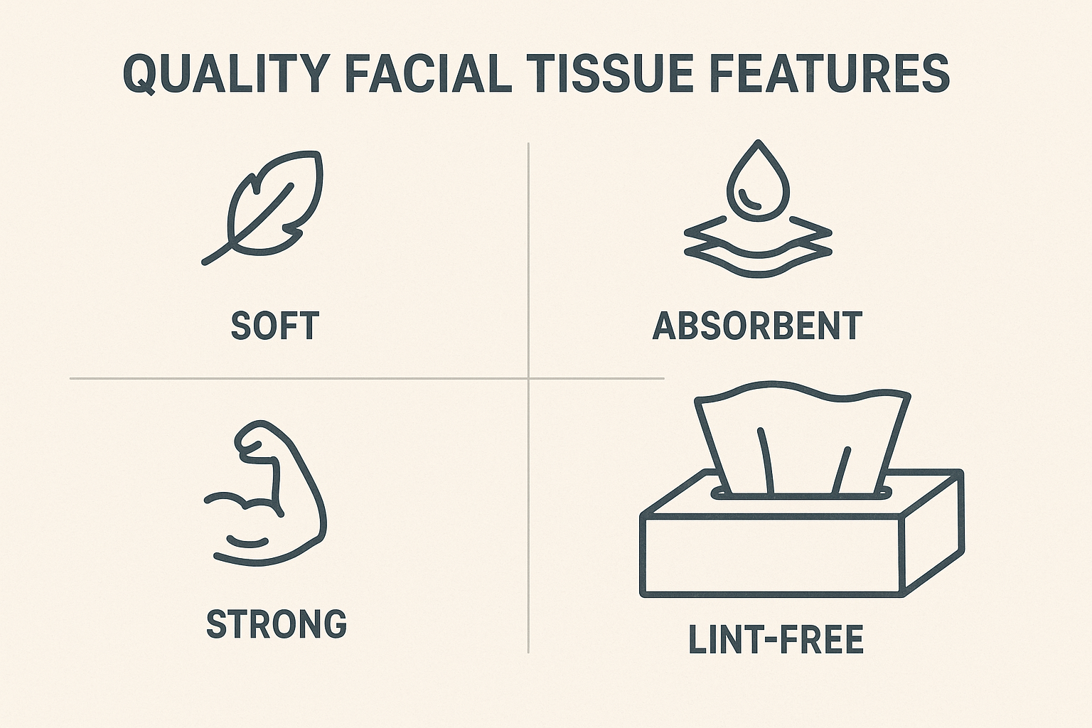 Infographic showing quality facial tissue features: soft, absorbent, strong, lint-free