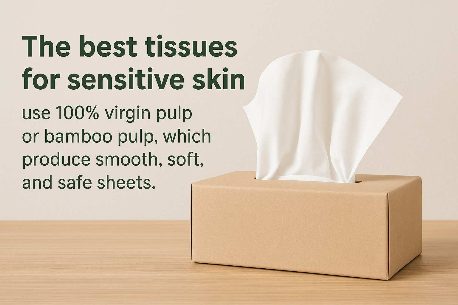 Brown tissue box with soft white tissues, promoting virgin and bamboo pulp for sensitive skin