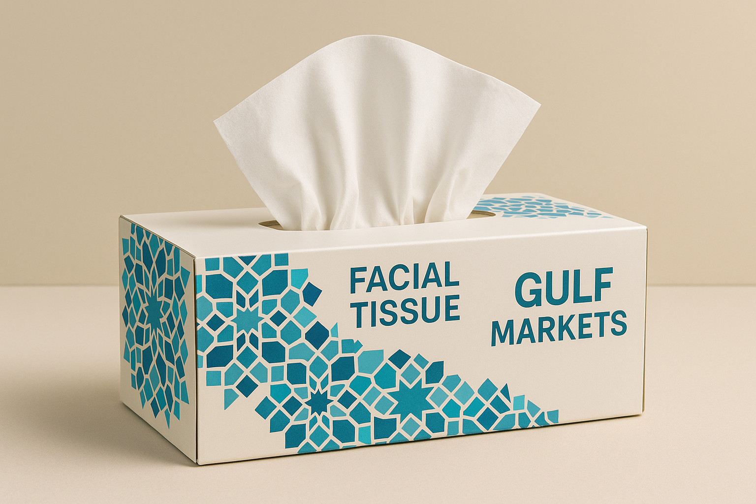 Facial tissue box with blue geometric design labeled for Gulf markets