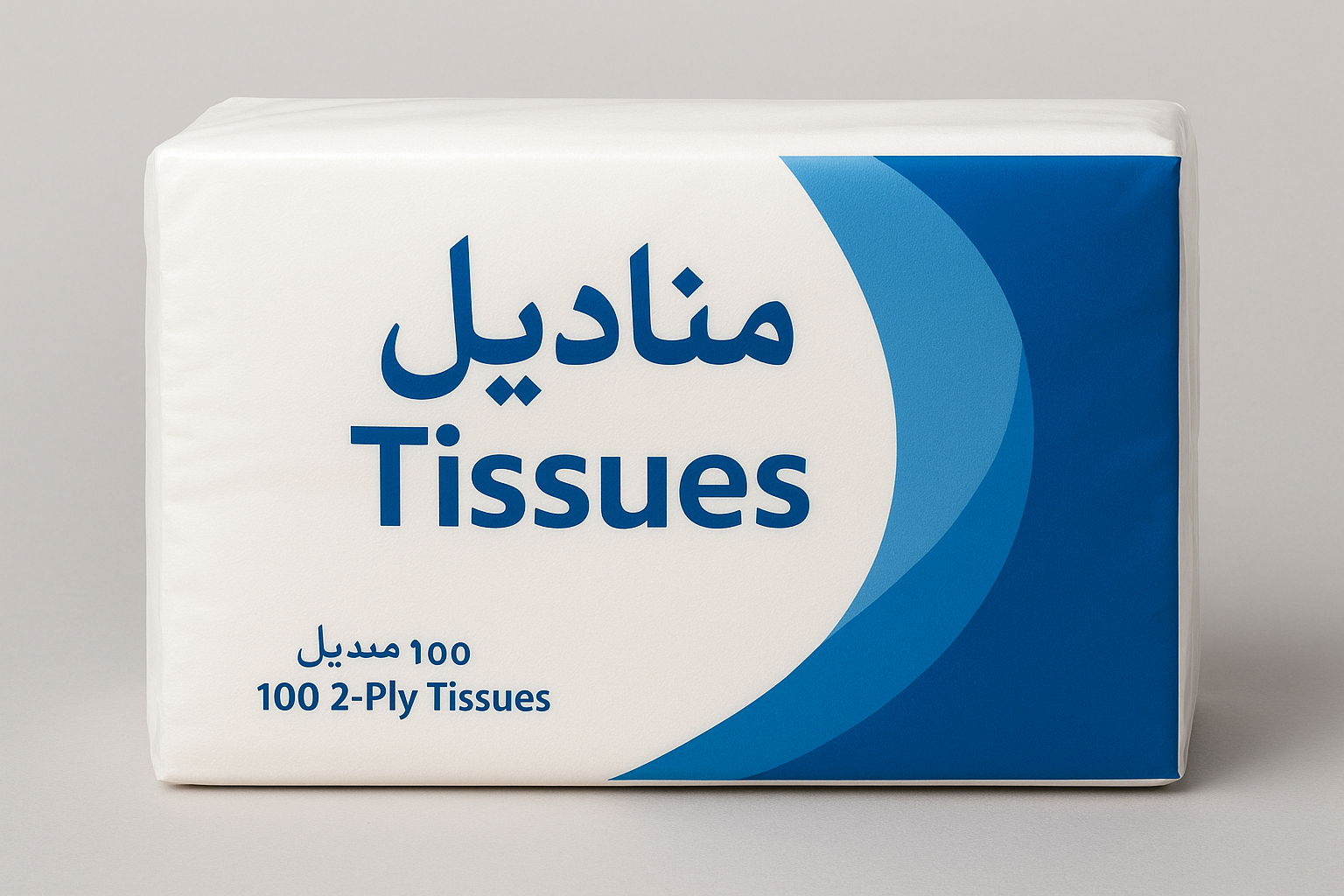 Pack of 100 2-ply tissues with Arabic and English labeling in blue packaging