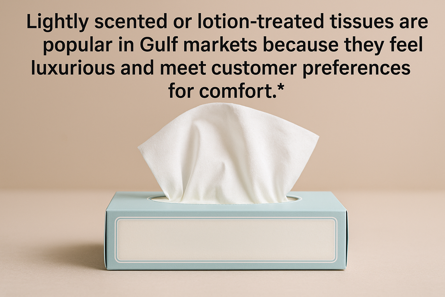 Light blue tissue box with soft white tissues, highlighting scented and lotion-treated options