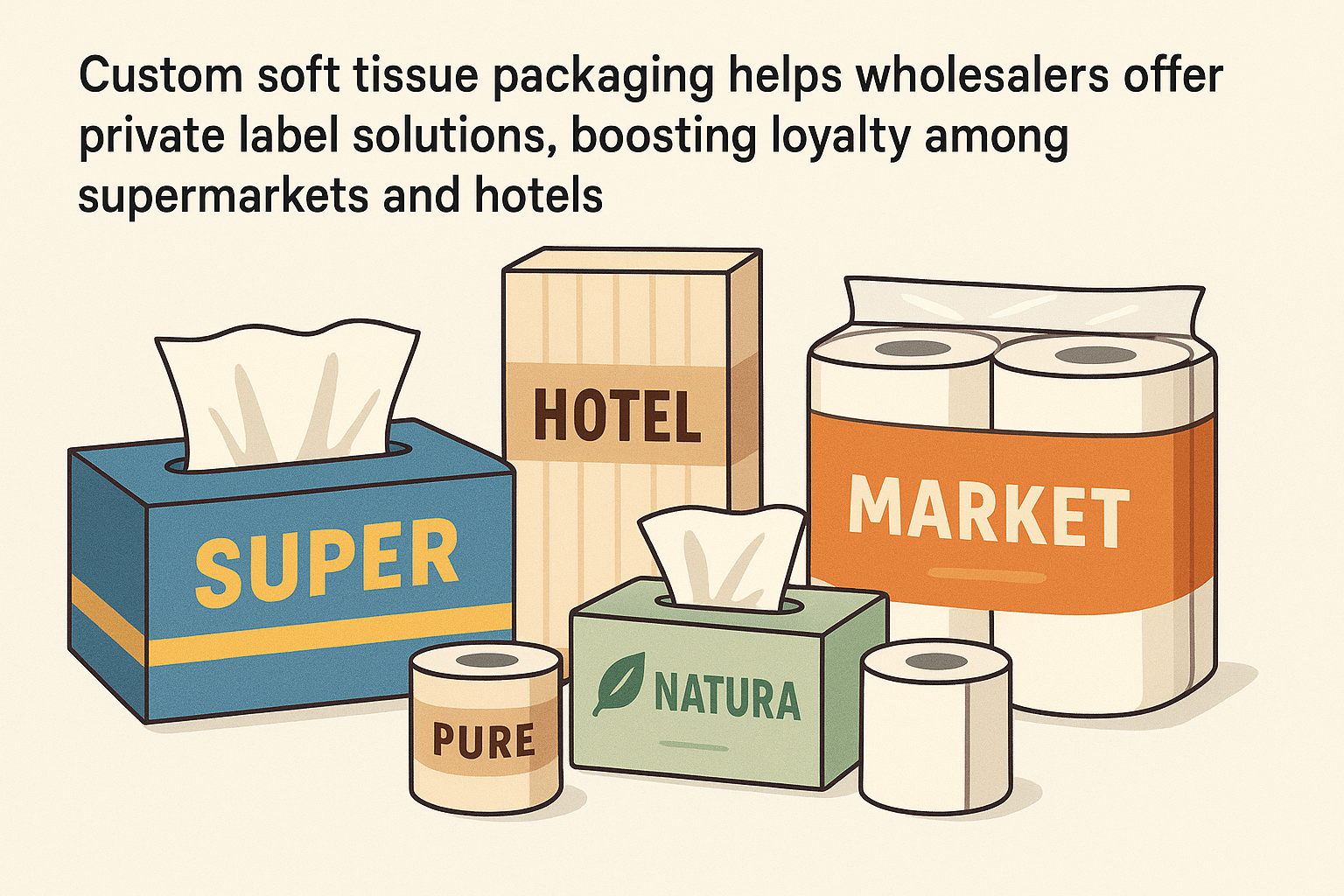 Illustration of custom tissue packaging for supermarkets, hotels, and private label solutions