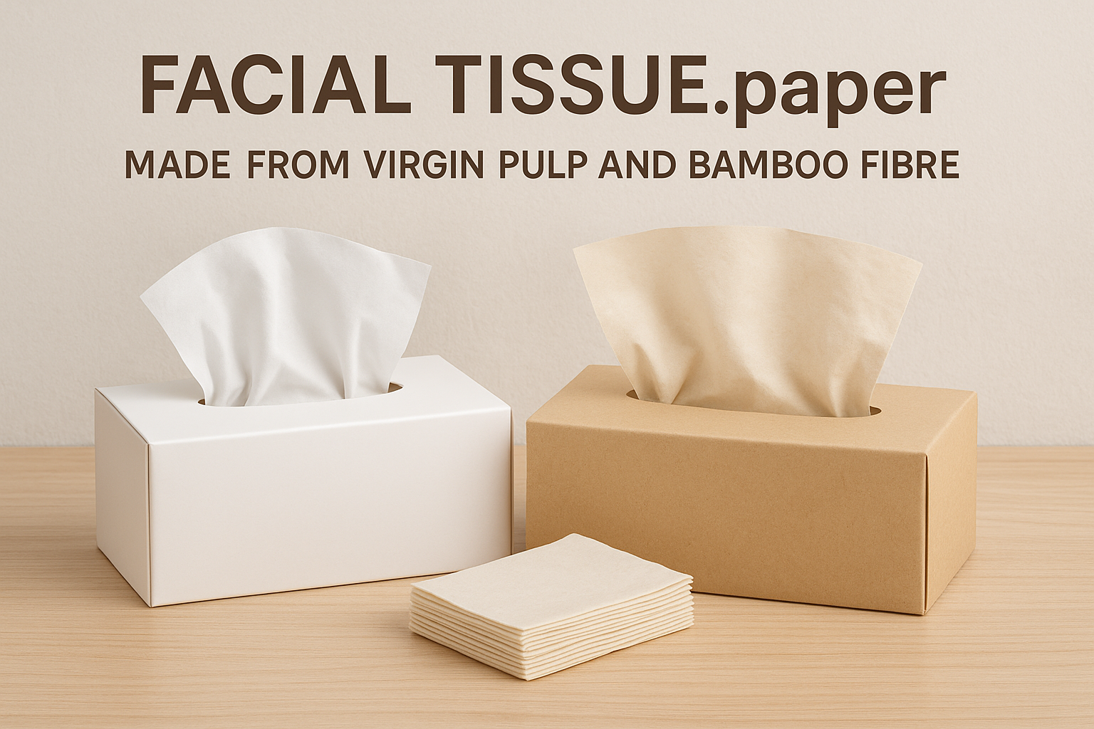 Facial tissues in white and kraft boxes made from virgin pulp and bamboo fibre