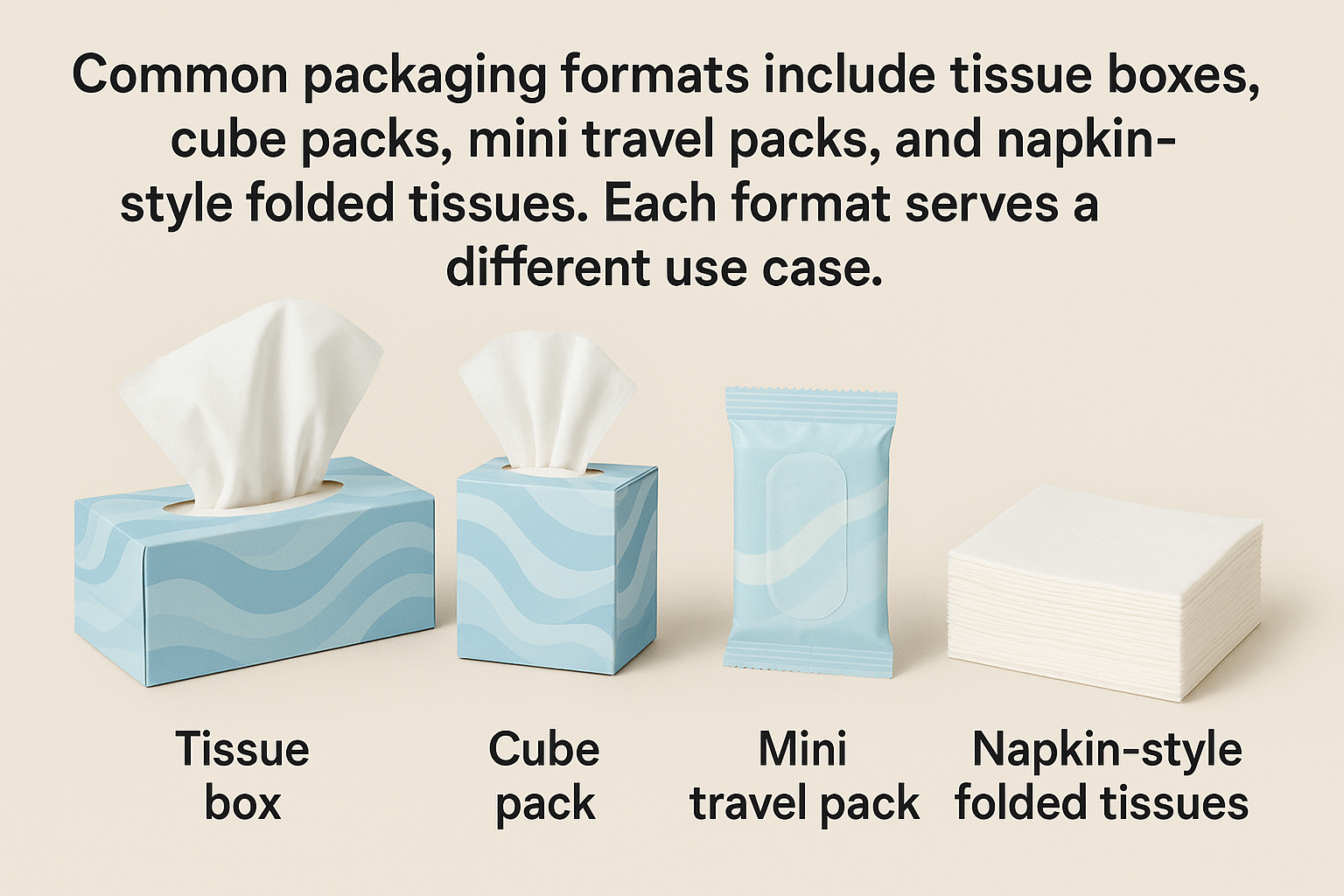Different tissue packaging formats including box, cube, travel pack, and napkin-fold
