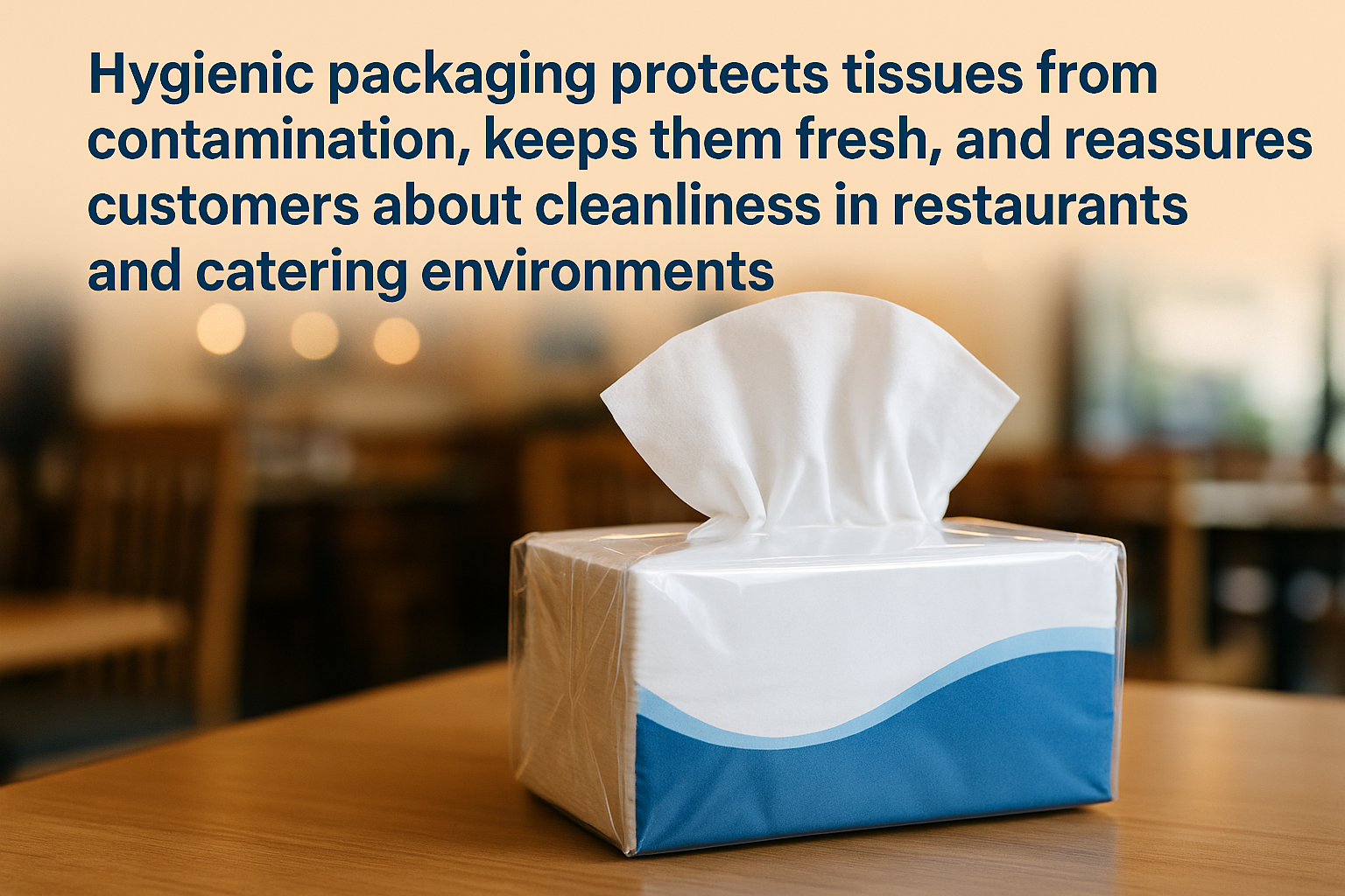 Hygienic tissue packaging in blue design for restaurants and catering
