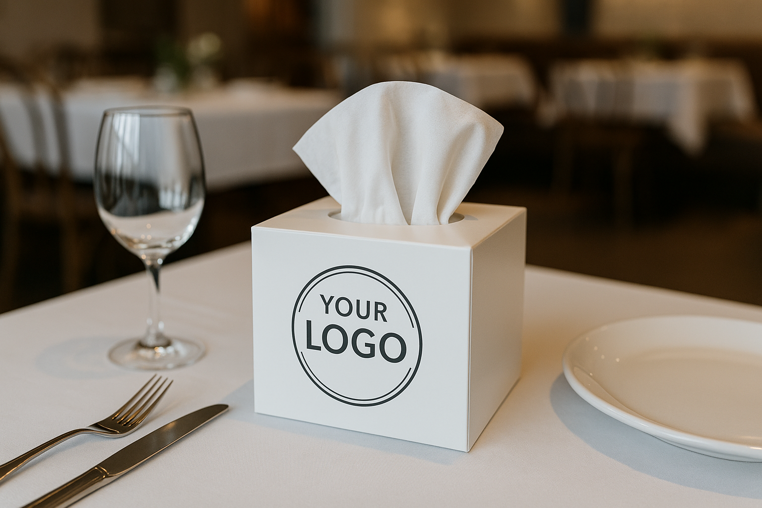 Custom logo tissue box placed on restaurant dining table