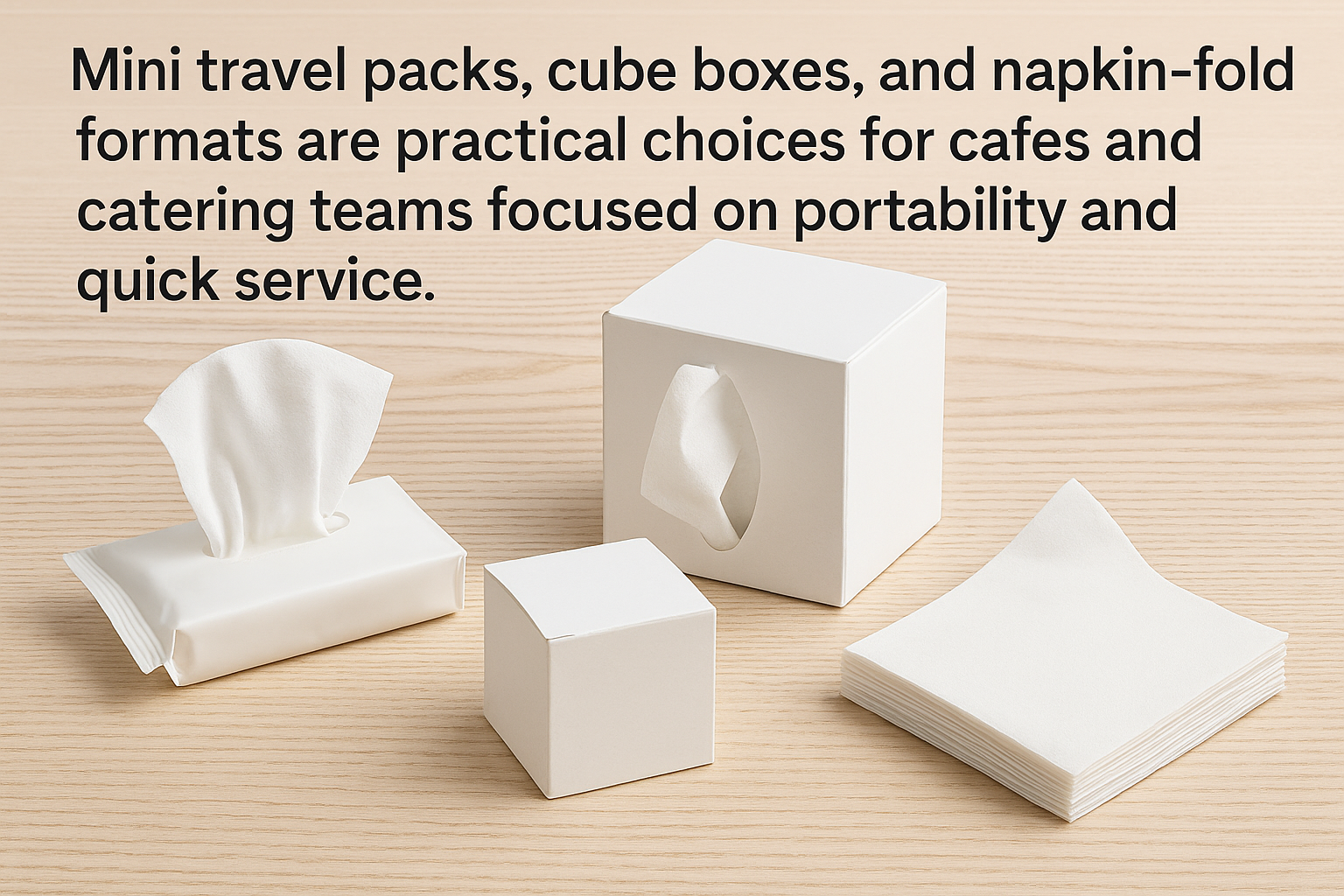 Mini travel packs, cube boxes, and napkin-fold tissues for cafes and catering