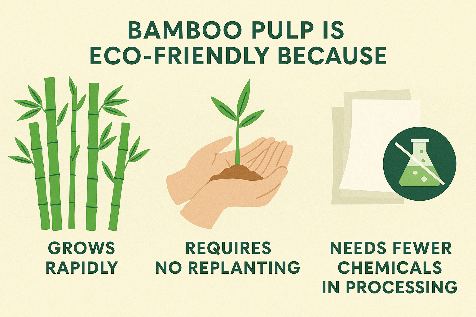 Illustration showing bamboo pulp eco-friendly benefits: rapid growth, no replanting, fewer chemicals