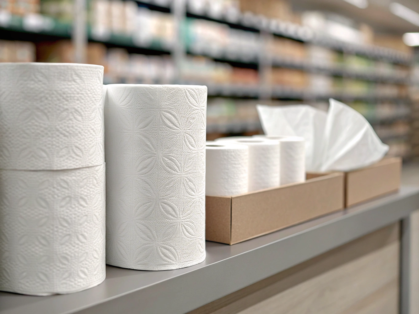 Toilet paper rolls and tissue boxes on store shelf