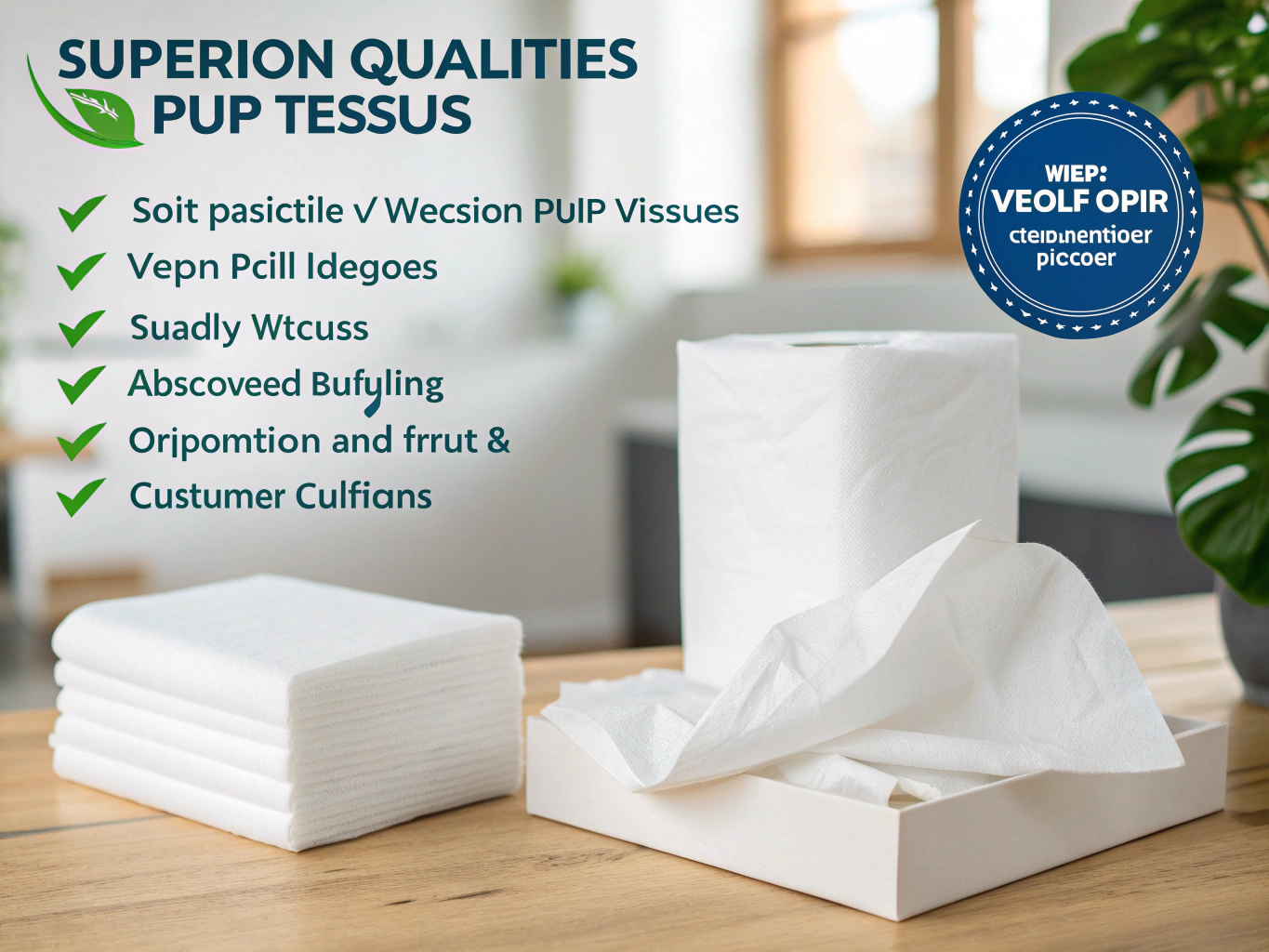 Soft white tissue paper with folded napkins and tissue box on wooden table