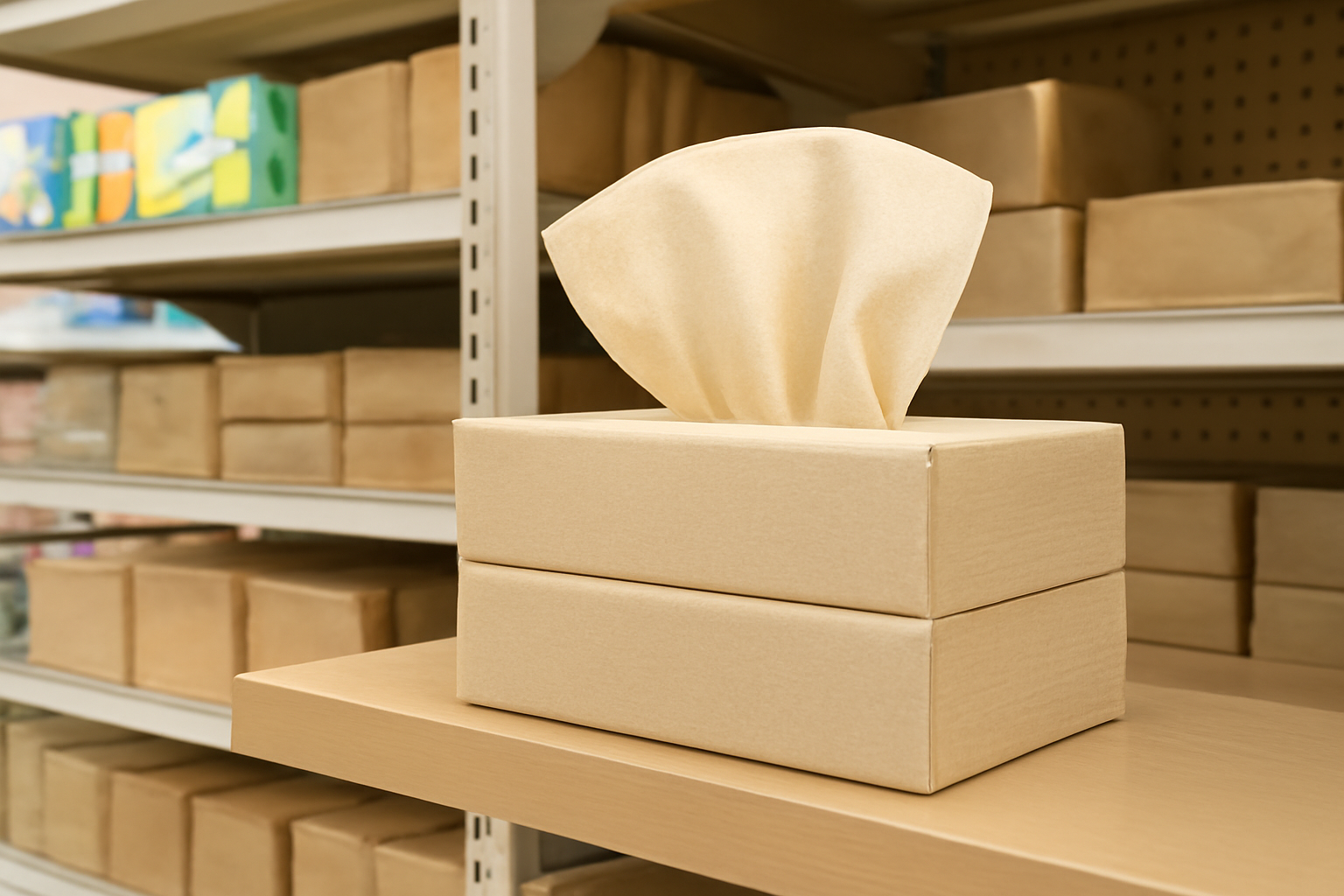 A box of tissue placed on a shelf in a store among other boxes.