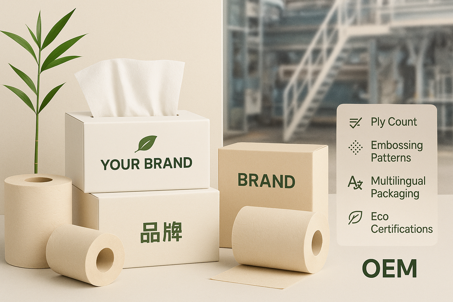 custom bamboo tissue packaging, OEM facial tissue and toilet paper design