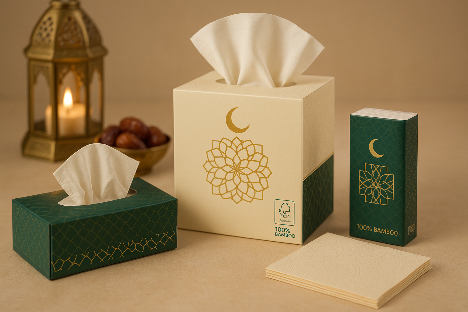 luxury bamboo tissue boxes, gold and green Islamic design for Ramadan packaging