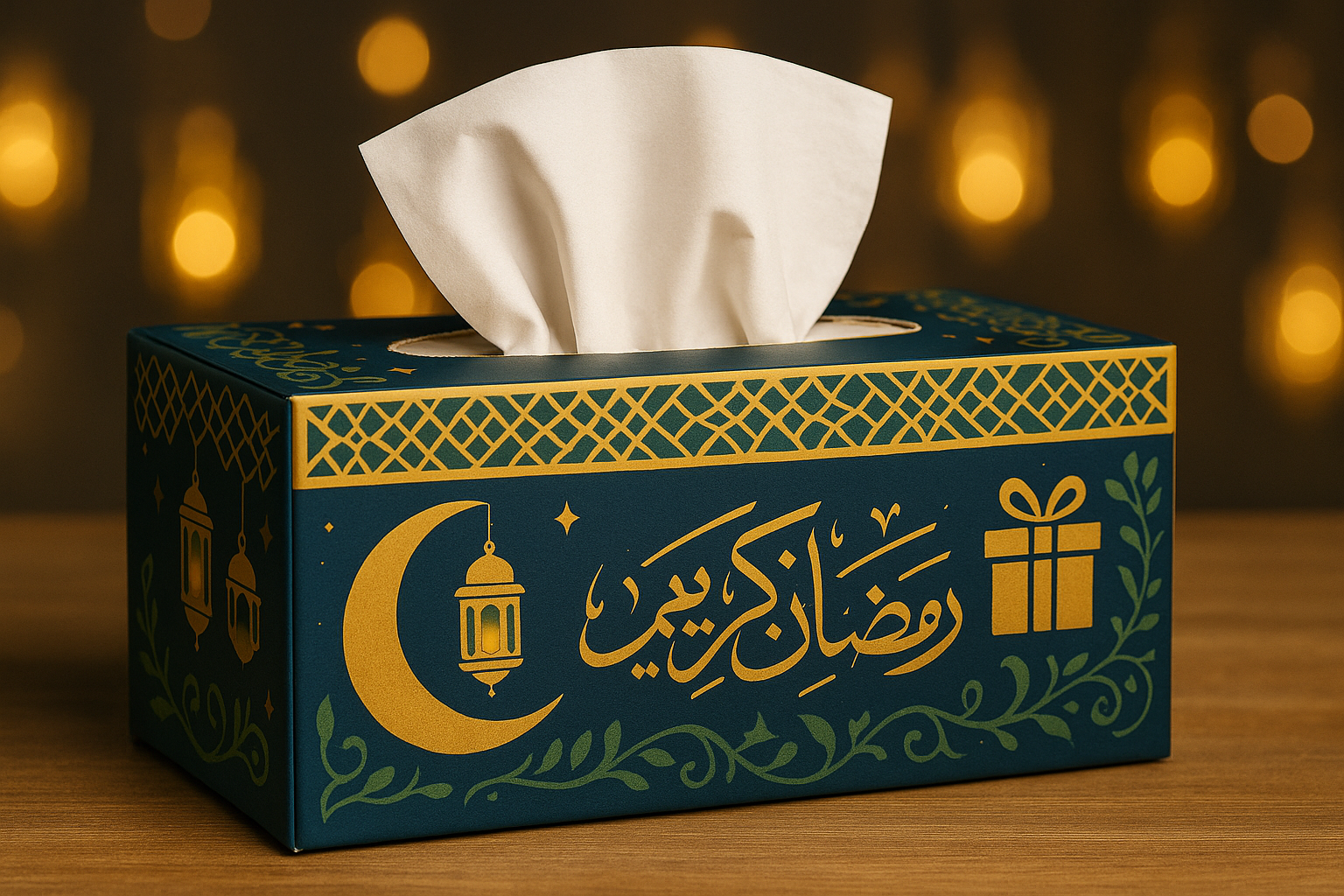 Ramadan themed bamboo tissue box, gold and green festive packaging design