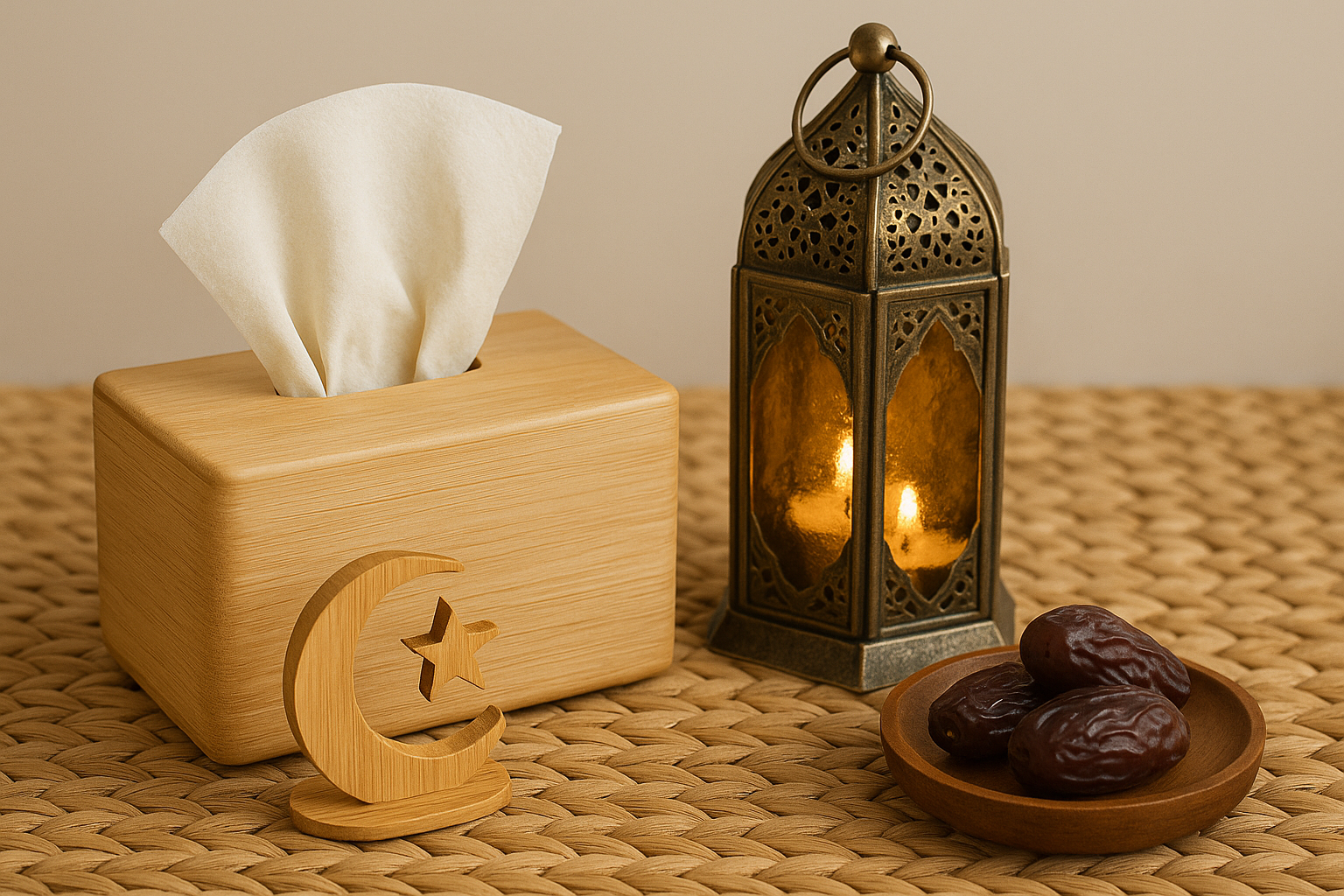 bamboo tissue box with lantern and dates, Ramadan themed eco friendly decor