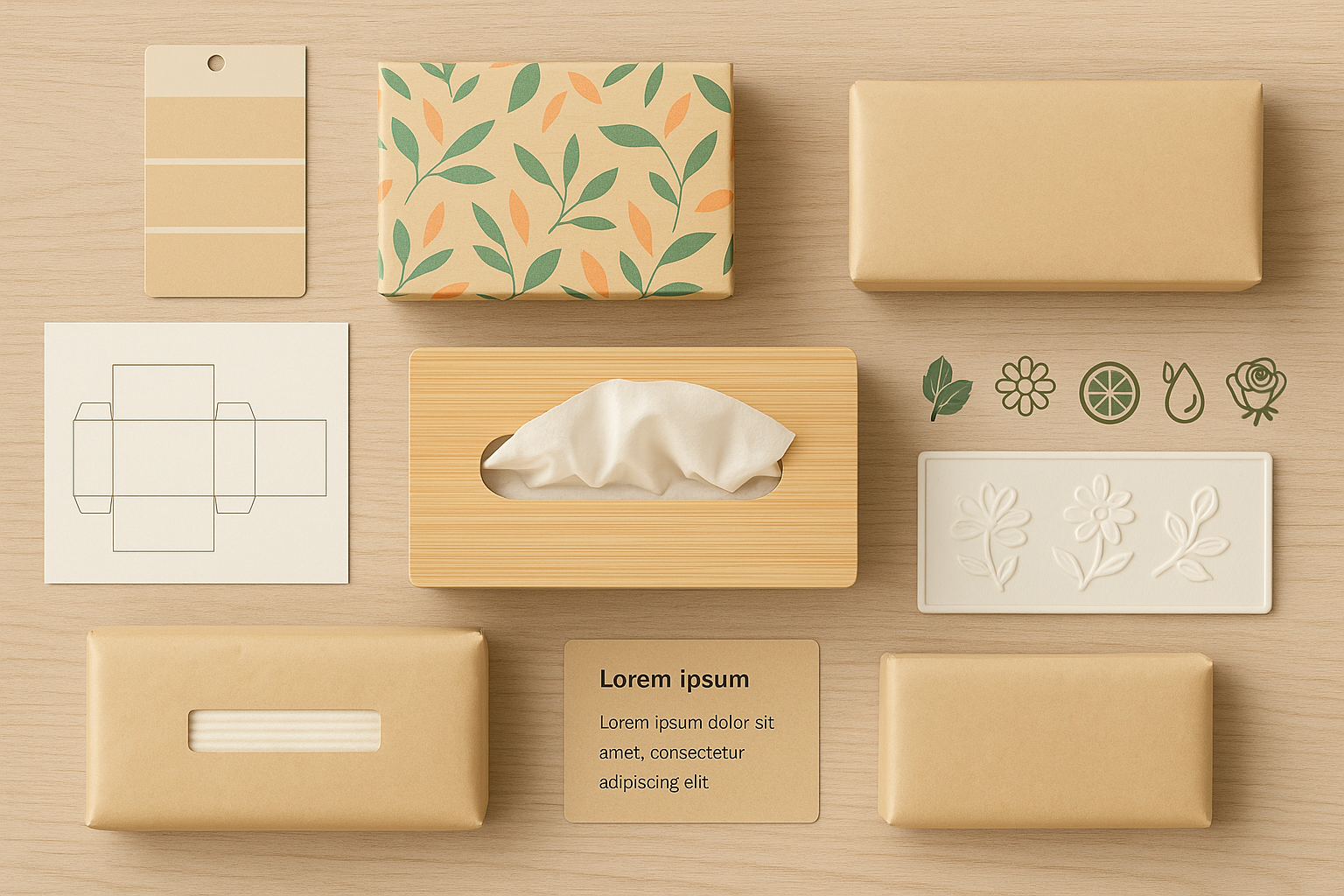 custom tissue packaging design layout, eco friendly bamboo and kraft paper style