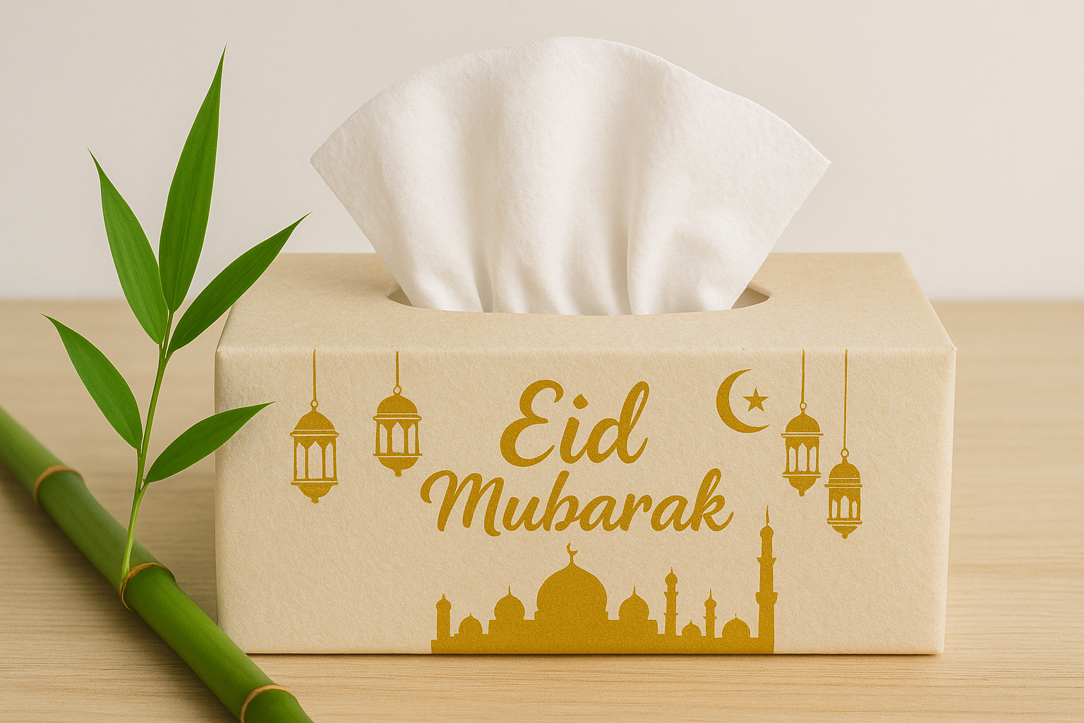 Eid Mubarak bamboo tissue box, festive gold mosque design eco friendly packaging