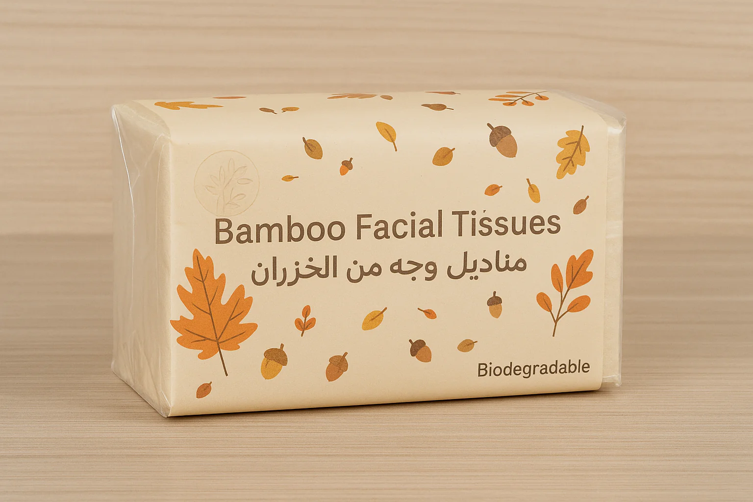 Biodegradable bamboo facial tissue pack with autumn leaf design