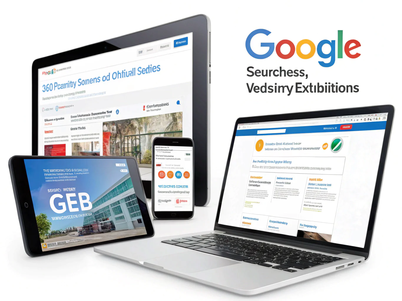 Multiple devices displaying websites and Google search results