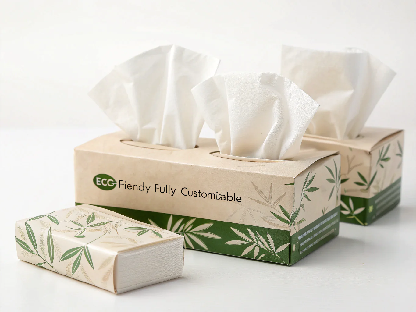 Eco-friendly bamboo facial tissue boxes with [custom packaging](https://packlane.com/blog/how-to-create-custom-packaging/?srsltid=AfmBOopCMdfOQ0AtYtB_eMfdwBqlqSbctGxsea0oyXxJCx5fP3xygRa_)[^6]