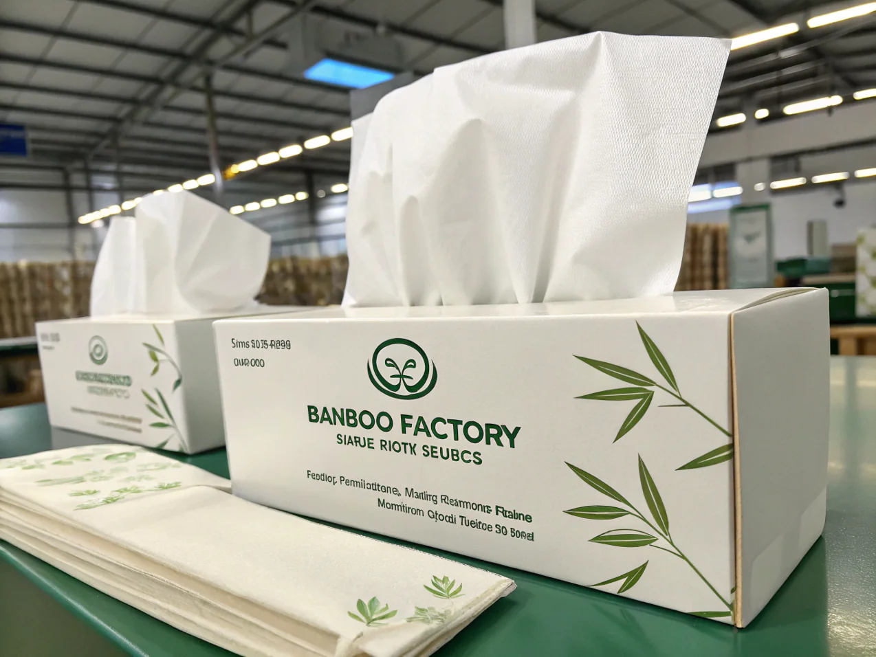 Bamboo tissue box with napkins in production facility