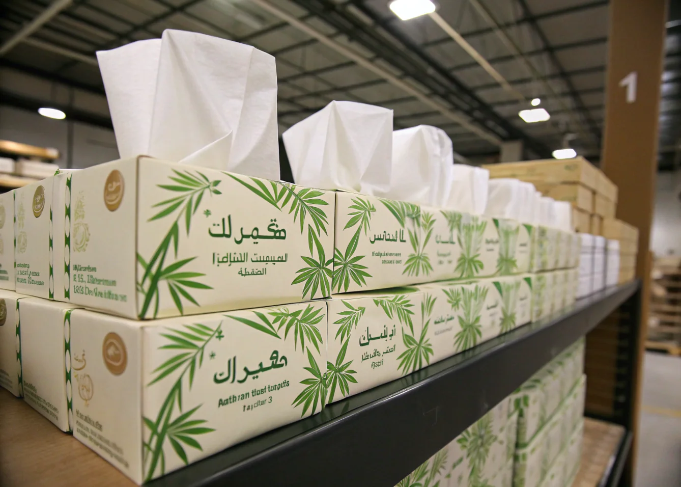 Stacked bamboo tissue boxes with Arabic packaging design