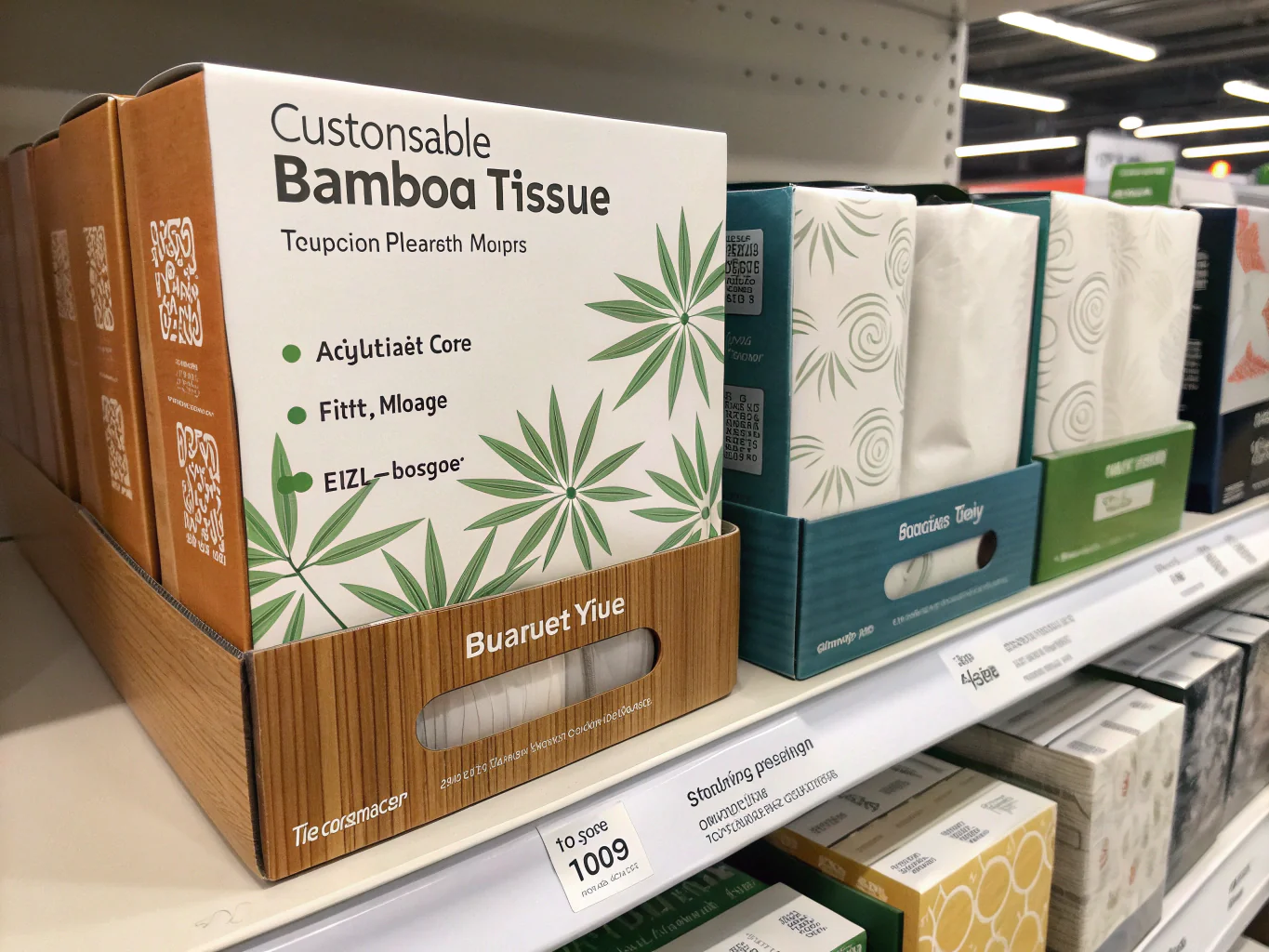 Customizable bamboo tissue boxes on retail shelf