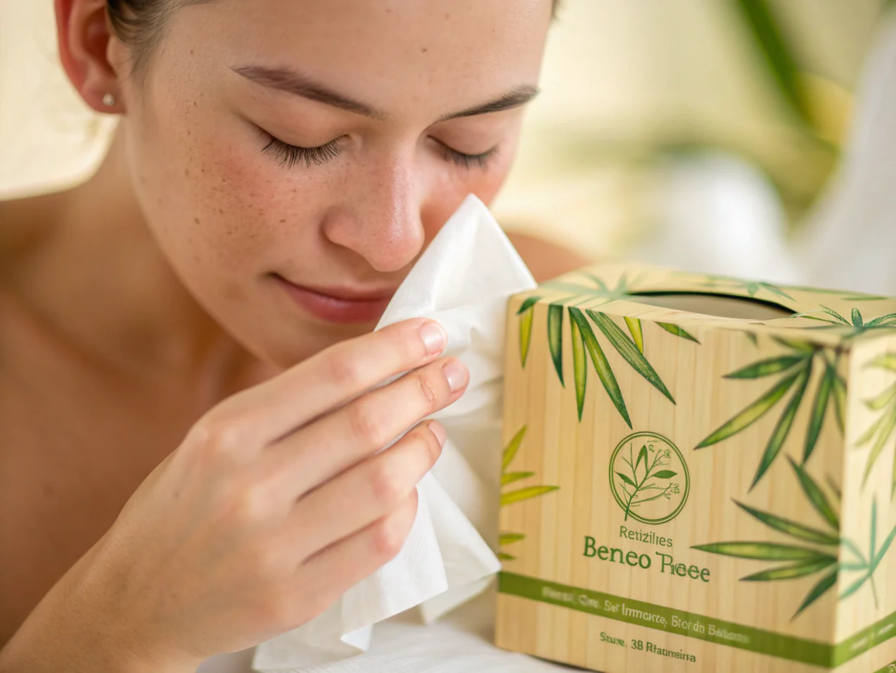 Woman using soft bamboo facial tissue from eco-friendly box