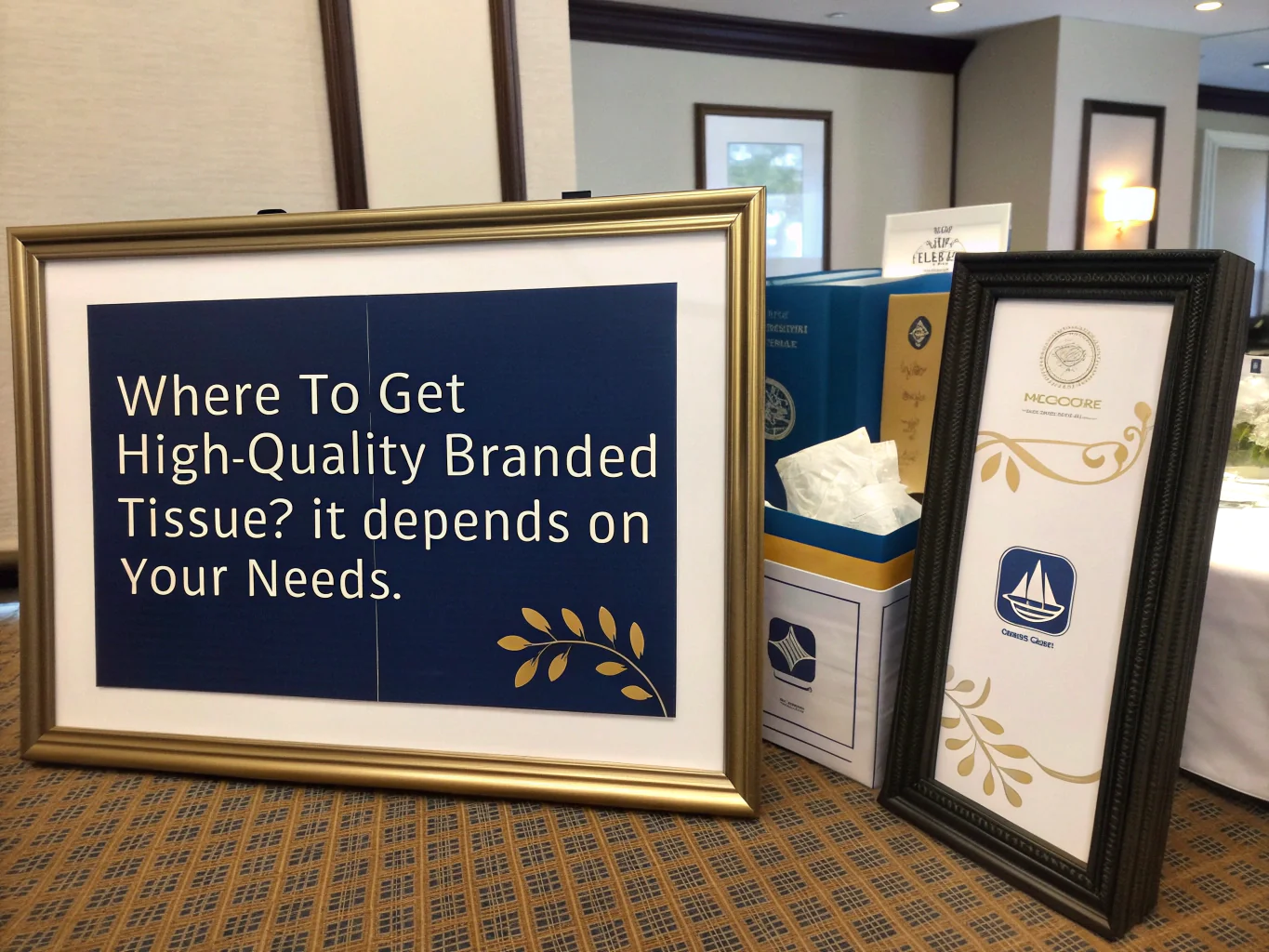 Framed signage with branded tissue boxes on display