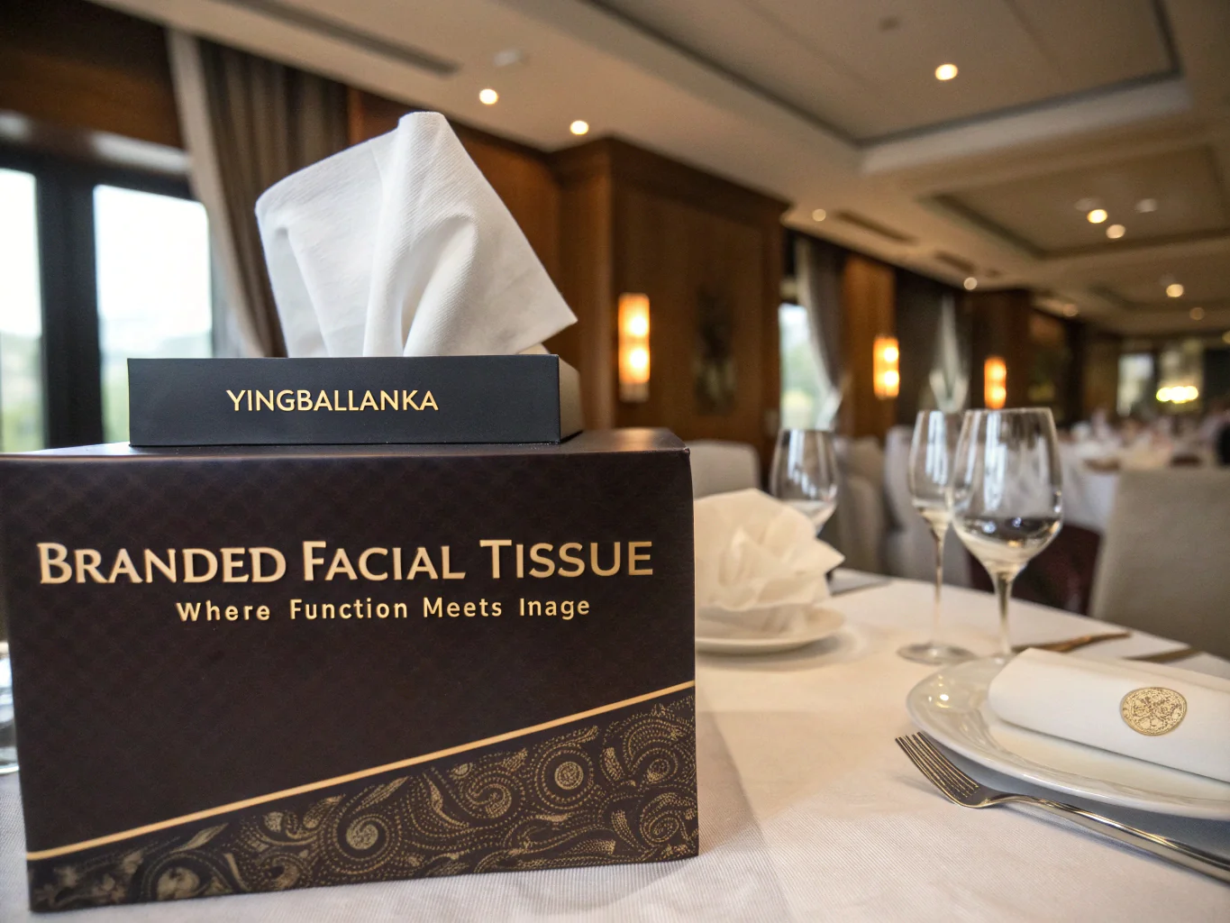 Branded facial tissue box on elegant restaurant table