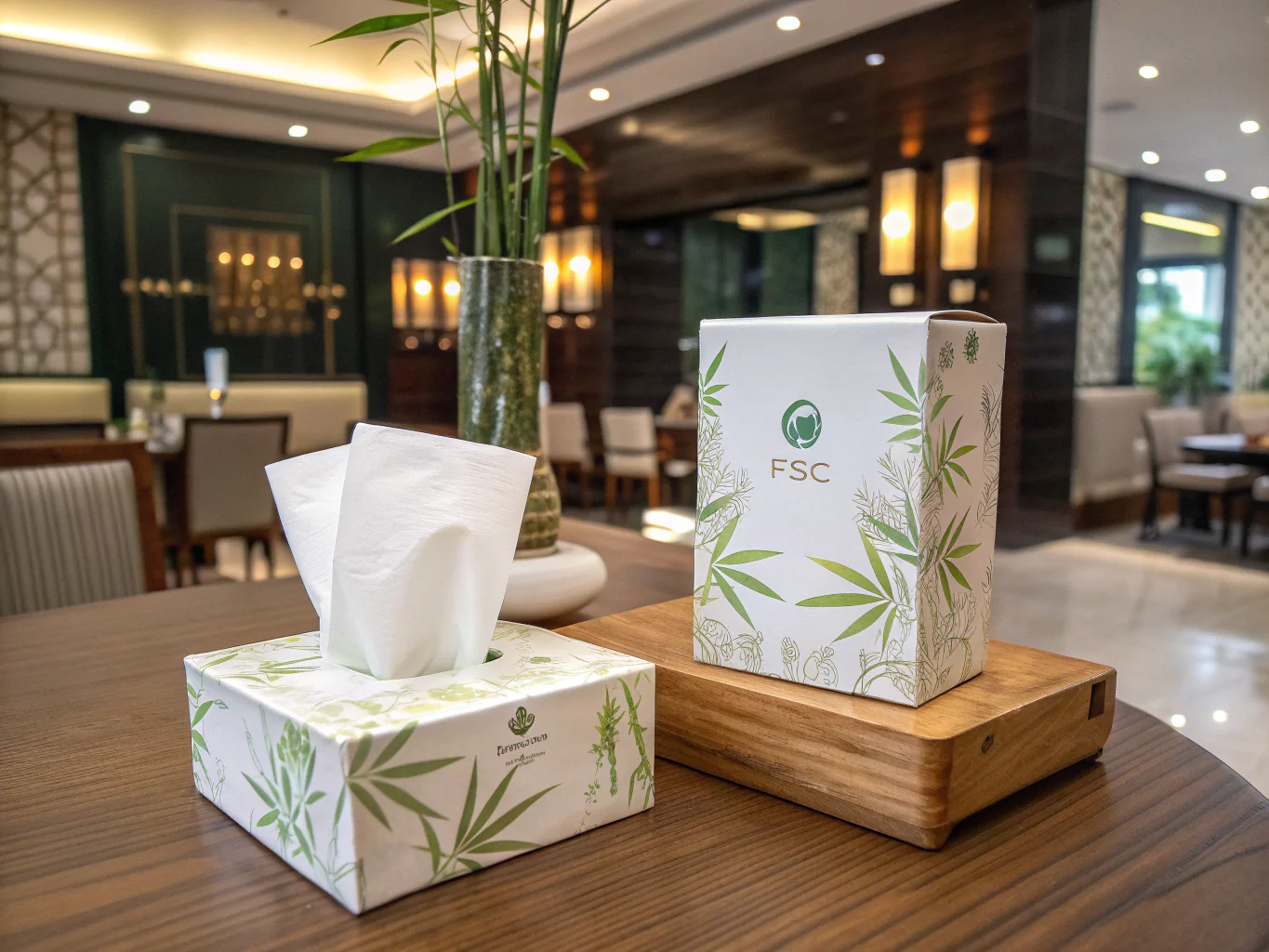 Eco-friendly bamboo facial tissue boxes on wooden table