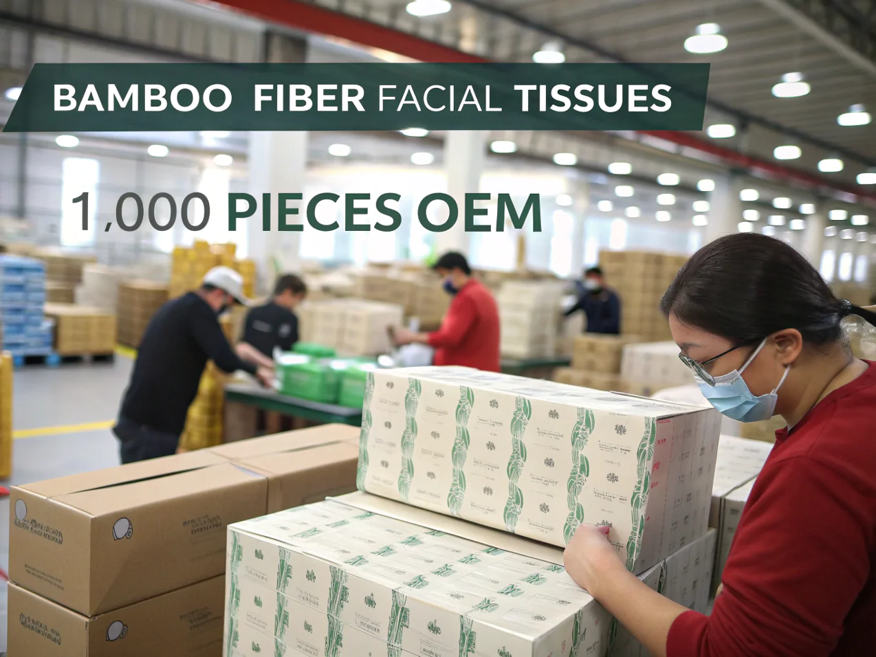 Workers packing bamboo fiber facial tissues in factory OEM supply