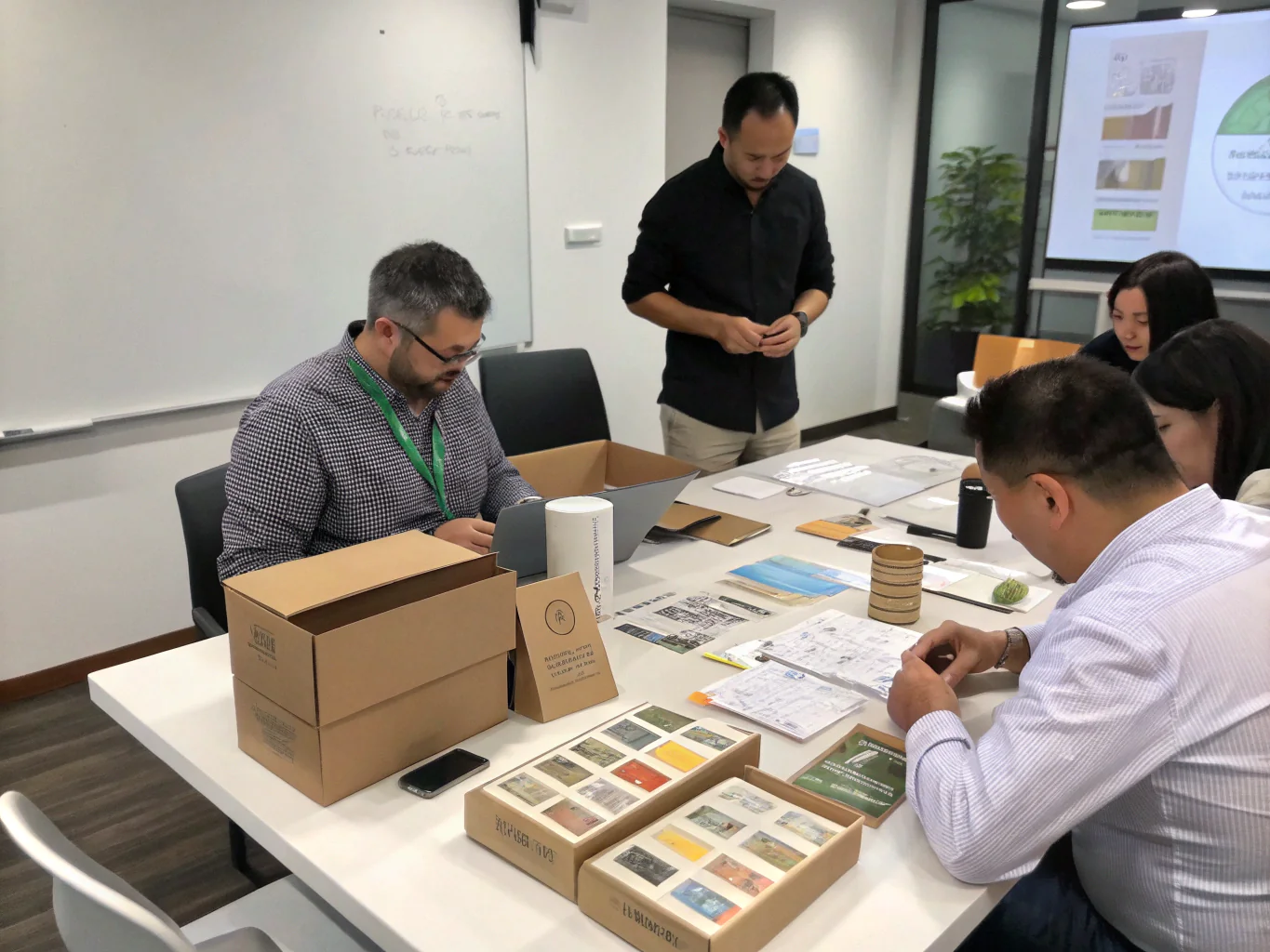 Team working on eco-friendly tissue [packaging design](https://www.pkgbranding.com/blog/6-essential-elements-of-effective-packaging-design)[^13] in office meeting