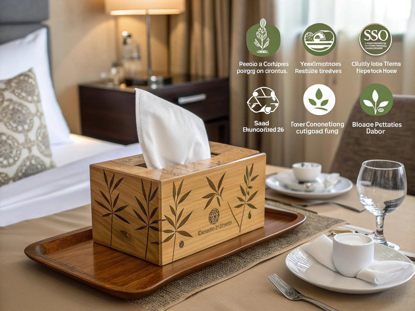 Luxury bamboo tissue box on hotel table setting