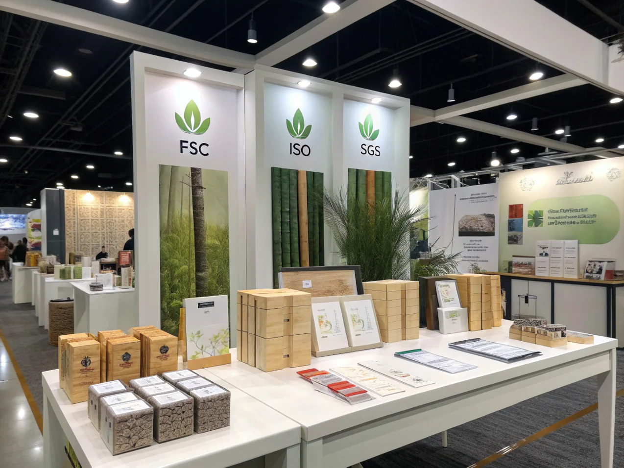 Exhibition booth displaying eco-friendly bamboo tissue products with FSC ISO SGS certifications