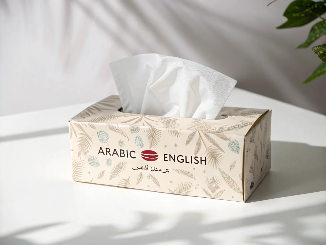 Facial tissue box with [Arabic and English bilingual packaging](https://textpower.ae/arabic-product-packaging-translation/)[^6]